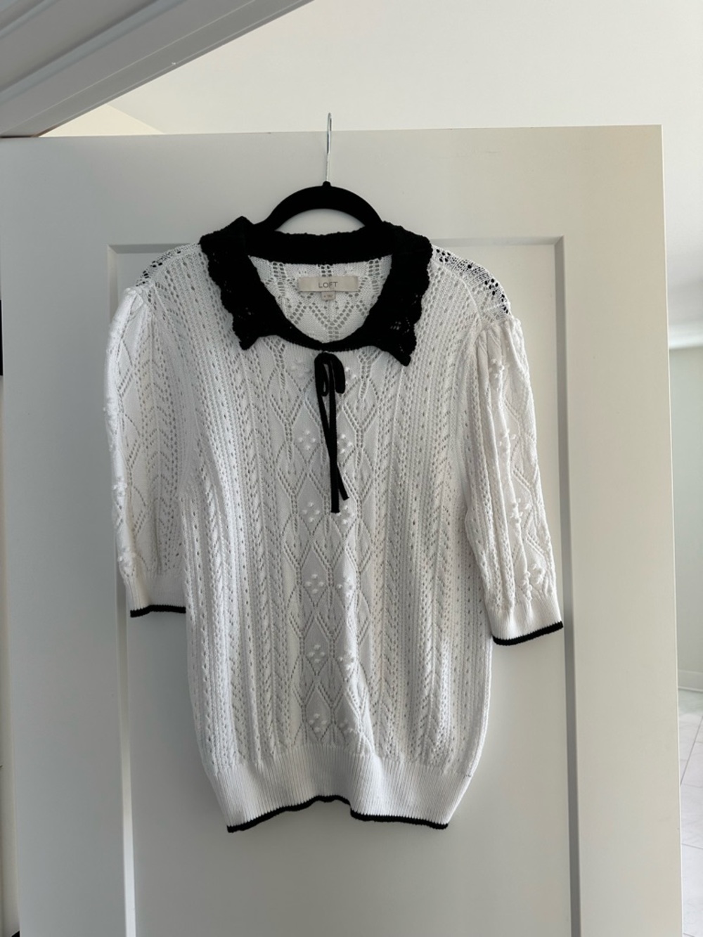 LOFT White Knit Top with Lace Peter Pan Collar